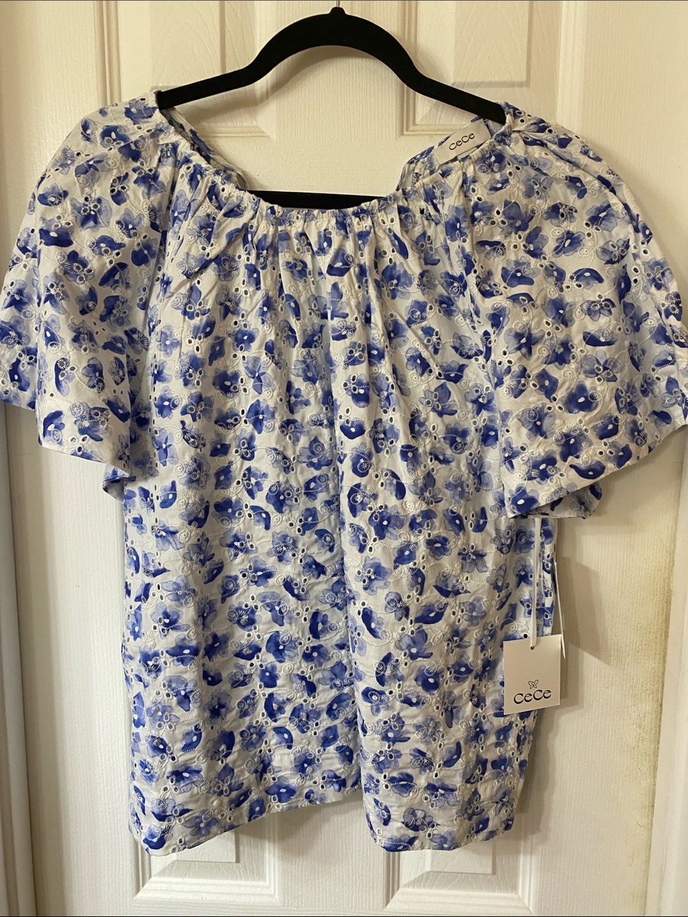 NWT CeCe White and Blue Floral Eyelet Blouse